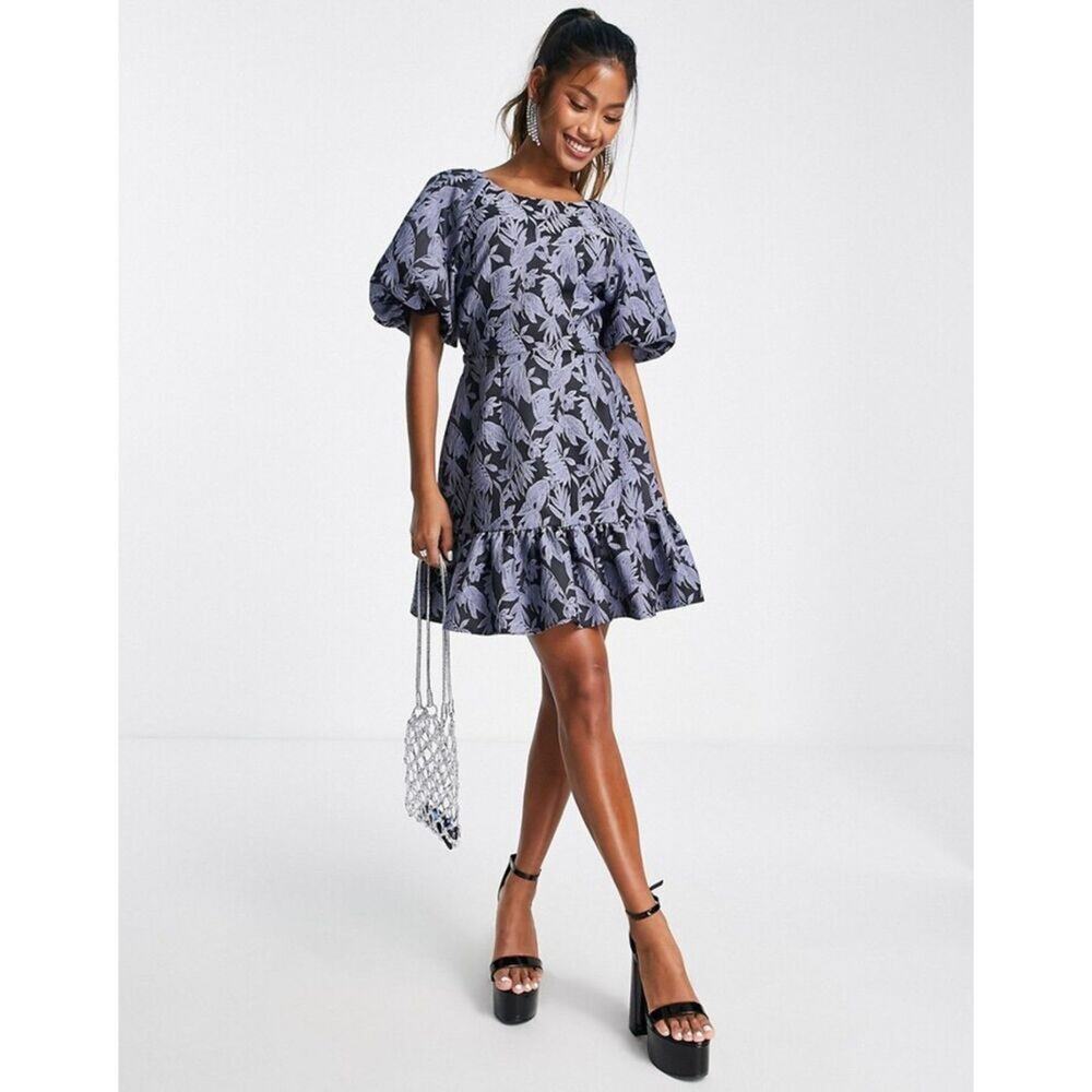 Topshop Jacquard Puff Sleeve Floral Mini Dress‎ Open Back NWT US 12